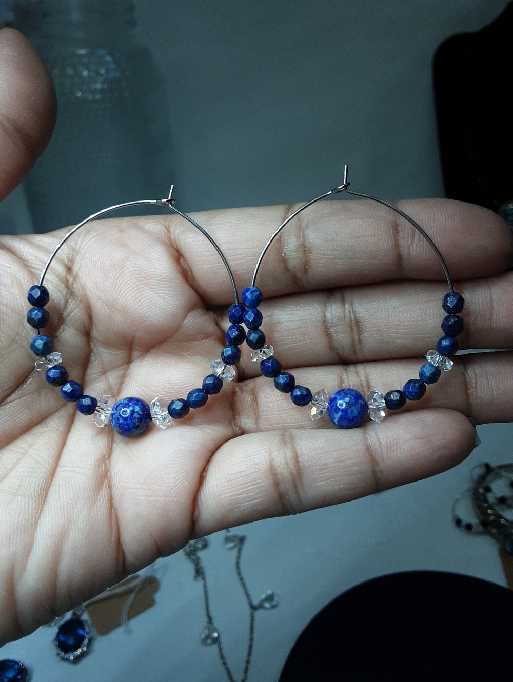 Large Stainless Steel, Lapis, Herkimer Diamond Quartz Hoop Earrings.